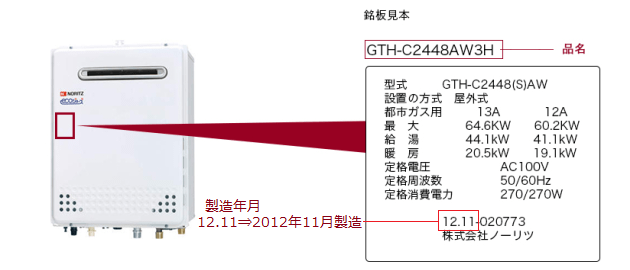 「給湯器」品名の記載場所