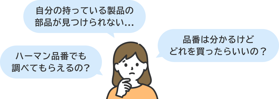 「自分の持っている製品の部品が見つけられない...」「品番はわかるけどどれを買ったらいいの？」「ハーマン品番でも調べてもらえるの？」