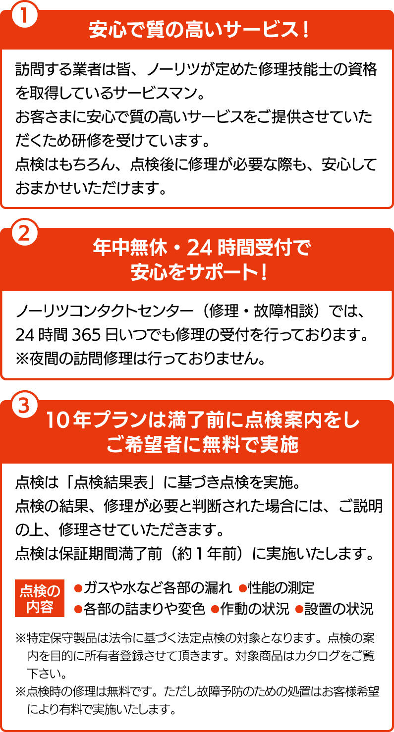 ①安心で質の高いサービス！②年中無休・24時間受付で安心をサポート！③10年プランは満了前に点検案内をしご希望者に無料で実施