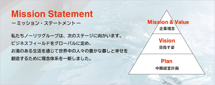 Mission Statement ミッション・ステートメント 私たちノーリツグループは、次のステージに向かいます。ビジネスフィールドをグローバルに定め、お湯のある生活を通じて世界中の人々の豊かな暮しと幸せを創造するために理念体系を一新しました。