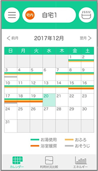 お湯や浴室暖房の使用の有無をカレンダーに表示