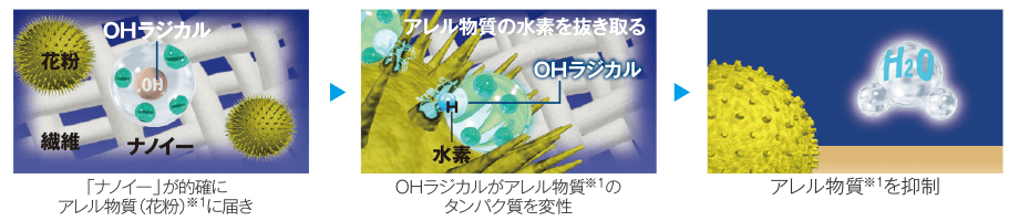 「ナノイー」が的確にアレル物質(花粉)※1に届き OHラジカルがアレル物質※1のタンパク質を変性 アレル物質※1を抑制
