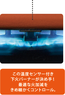 この温度センサー付き下火バーナーが決め手！最適な火加減をきめ細かくコントロール。