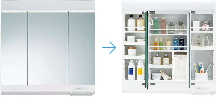 ミラー裏にも収納棚が充実した収納3面鏡
