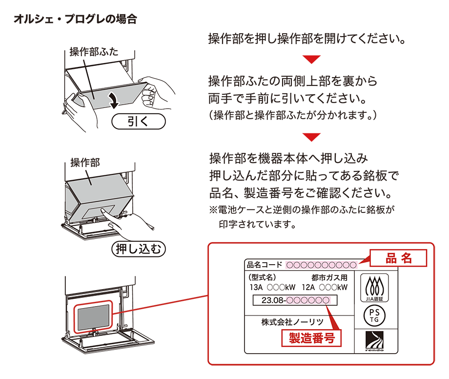 厨房機器の製品名・製造番号の確認方法