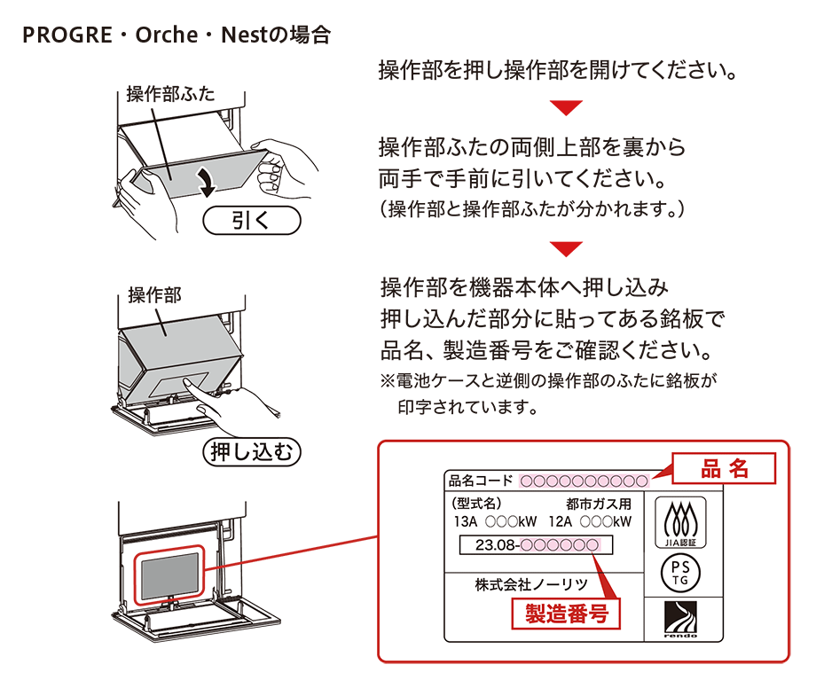 厨房機器の製品名・製造番号確認方法