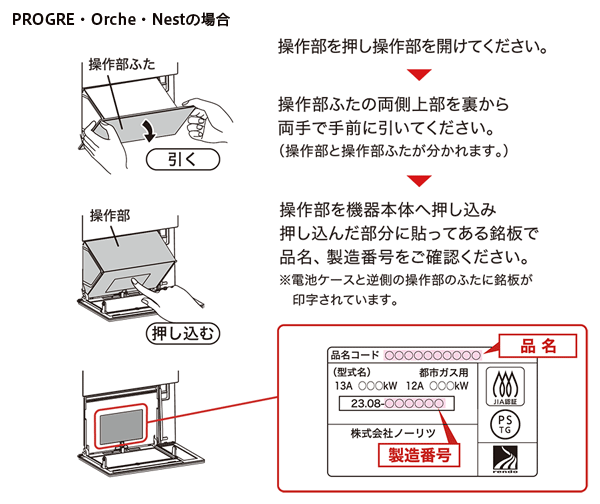 厨房機器の製品名・製造番号確認方法