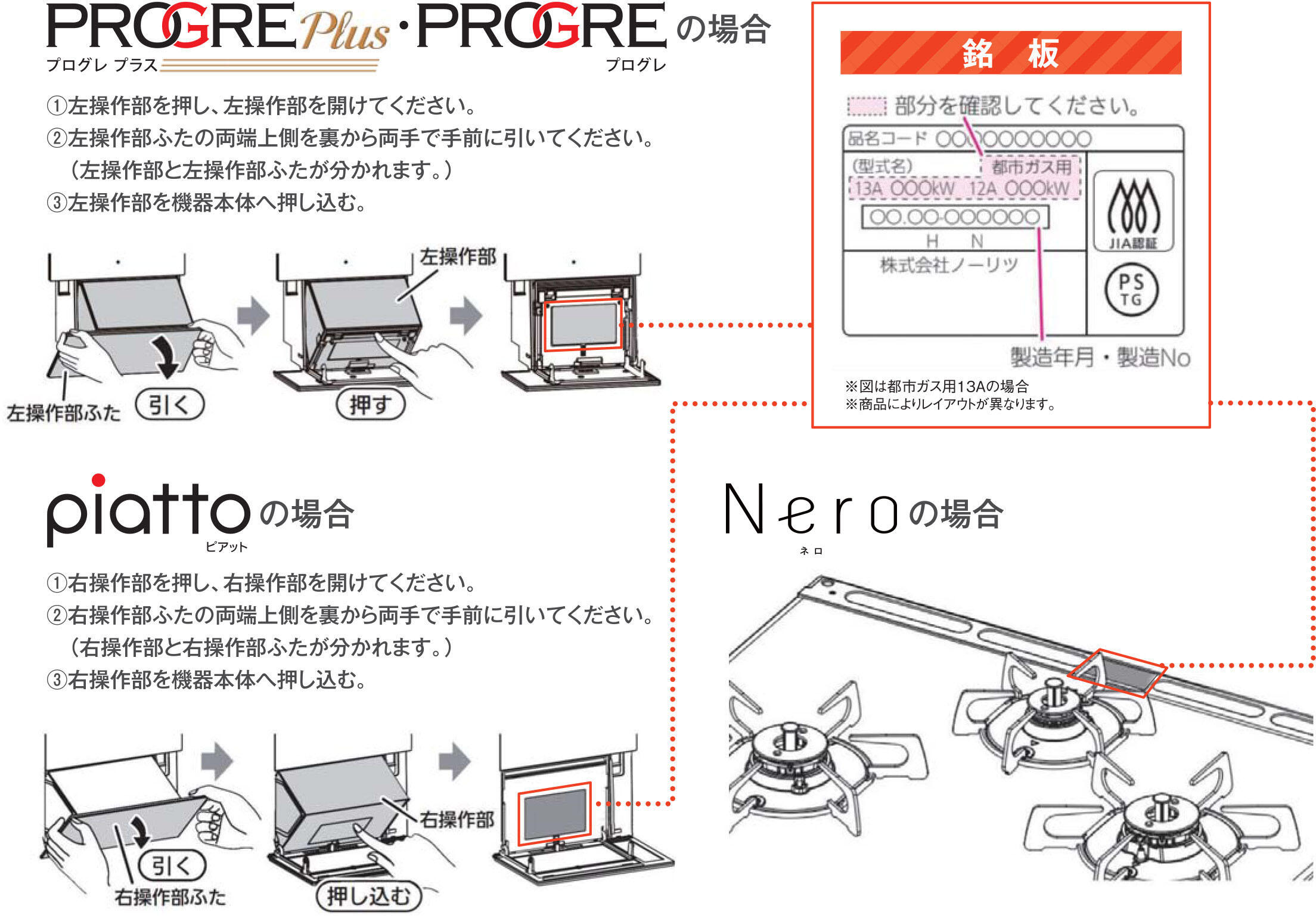 プログレプラス・プログレの場合…①左操作部を押し、左操作部を開けてください。②左操作部ふたの両端上側を裏から両手で手前に引いてください。(左操作部と左操作部ふたが分かれます。)③左操作部を機器本体へ押し込む ピアットの場合…①右操作部を押し、右操作部を開けてください。②右操作部ふたの両端上側を裏から両手で手前に引いてください。(右操作部と右操作部ふたが分かれます。)③右操作部を機器本体へ押し込む