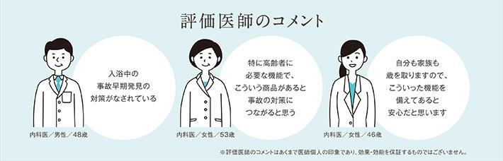 評価医師のコメント 入浴中の事故早期発見の対策がなされている 特に高齢者に必要な機能で、こういう商品があると事故の対策につながると思う 自分も家族も歳を取りますので、こういった機能を備えてあると安心だと思います